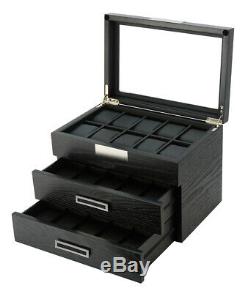 10 20 30 Wrist Watch Black Oak Wood Leather Storage Display Box Display Case