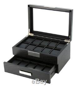 10 20 Wrist Watch Black Oak Wood Leather Storage Display Box Display Case