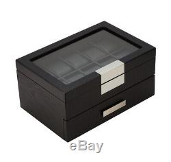 10 20 Wrist Watch Black Oak Wood Leather Storage Display Box Display Case