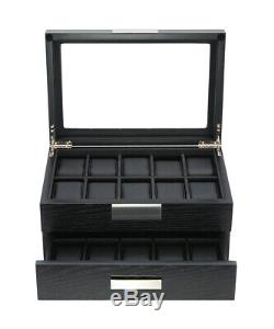 10 20 Wrist Watch Black Oak Wood Leather Storage Display Box Display Case