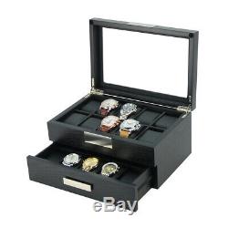 10 20 Wrist Watch Black Oak Wood Leather Storage Display Box Display Case