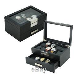 10 20 Wrist Watch Black Oak Wood Leather Storage Display Box Display Case