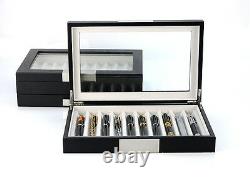 10 Pen slot Fountain Ebony Wood glass Display Case Organizer Storage Box Jewelry