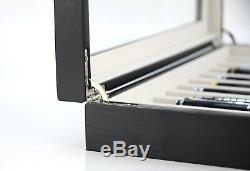 10 Piece Black Ebony Wood Pen Display Case Storage Fountain Pen Box Glass Top