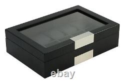 10 Piece Black Wood Watch Display Case Storage Box Stainless Steel Accents