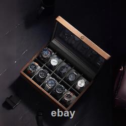 10 Slots Watch Display Case Walnut Wood Glass Top Jewelry Box Collector Men Gift