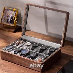 10 Slots Watch Display Case Walnut Wood Glass Top Jewelry Box Collector Men Gift