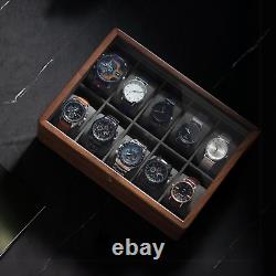 10 Slots Watch Display Case Walnut Wood Glass Top Jewelry Box Collector Men Gift