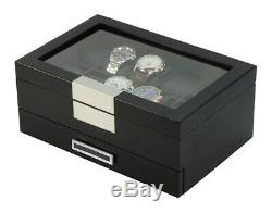 10 Wrist Watch Black Wood Metal Storage Display Chest Box Drawer Wooden Case