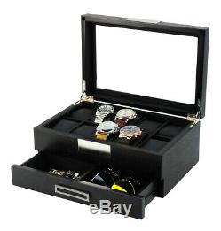 10 Wrist Watch Black Wood Metal Storage Display Chest Box Drawer Wooden Case