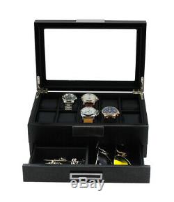 10 Wrist Watch Black Wood Metal Storage Display Chest Box Drawer Wooden Case