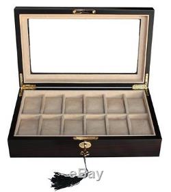 12 Piece Ebony Wood Watch Display Case and Storage Organizer Box