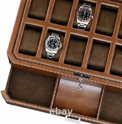 12 Slot Leather Watch Box with Valet Drawer -Luxury Watch Case Display Organizer