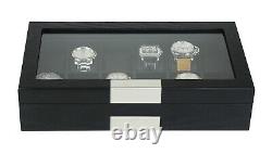 12 Slot Watch Storage Display Chest Box Case Black Oak Wooden Glass Top Cabinet