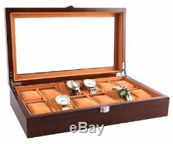 12 Slots Men Watch Box Case Wood Storage Organizer Display Large Holder Gift