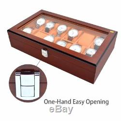 12 Slots Men Watch Box Case Wood Storage Organizer Display Large Holder Gift