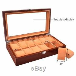 12 Slots Men Watch Box Case Wood Storage Organizer Display Large Holder Gift