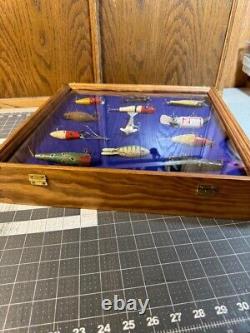 12 vintage old Fishing Lures in Wood & Glass Display Case