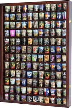144 Shot Glass Display Case with UV Protection and Removable Shelves, Cherry Fin