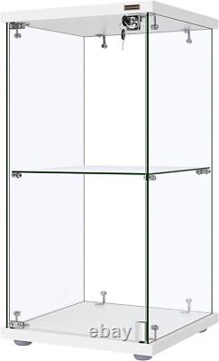 15.7'' Glass Display Cabinet with Lock, 2 Layers, Tempered Glass & MDF Base