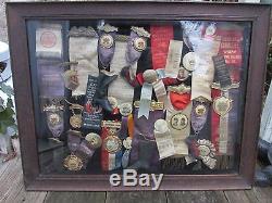 1890s -1910 era Collection of Odd Fellows Badges in Wood Display Case! 25 plus