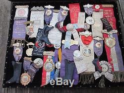 1890s -1910 era Collection of Odd Fellows Badges in Wood Display Case! 25 plus