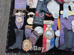 1890s -1910 era Collection of Odd Fellows Badges in Wood Display Case! 25 plus