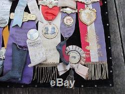 1890s -1910 era Collection of Odd Fellows Badges in Wood Display Case! 25 plus