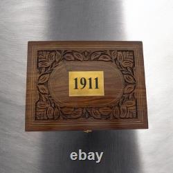 1911 Wood Storage Case Hand carved Indian Rosewood Blue Velvet Lined