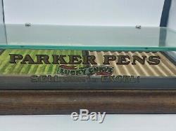 1920s PARKER Fountain Pen Counter Display Case WOOD and GLASS 2 Trays and Key
