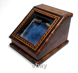 19c. Victorian Pocket Watch Box Display Stand Holder Beveled Glass Marquetry Wood