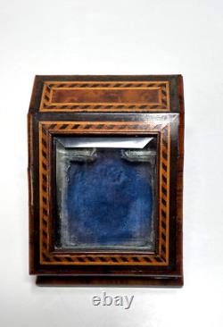 19c. Victorian Pocket Watch Box Display Stand Holder Beveled Glass Marquetry Wood