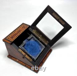 19c. Victorian Pocket Watch Box Display Stand Holder Beveled Glass Marquetry Wood