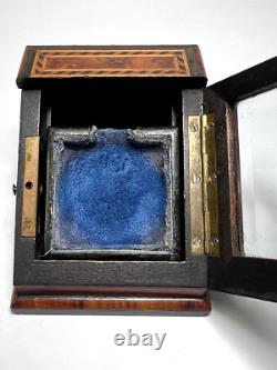 19c. Victorian Pocket Watch Box Display Stand Holder Beveled Glass Marquetry Wood