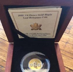 2001 1/4 Oz GOLD MAPLE LEAF HOLOGRAM COIN and WOOD DISPLAY CASE and OUTER SLEEVE