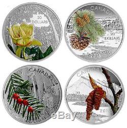 2015 FORESTS of CANADA 4 COIN SET with WOOD DISPLAY CASE, PURE. 9999 SILVER