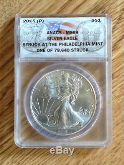 2015 P Anacs MS69 Philly American Silver Eagle Museum Quality Wood Display Case
