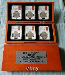 2021 MORGAN & PEACE NGC MS70 Advance Releases (6) COIN SET WithWOOD DISPLAY CASE