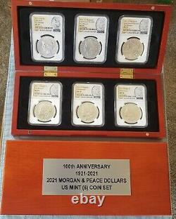 2021 Morgan & Peace Ngc Ms70 First Release (6) Coin Set Ogp & Wood Display Case