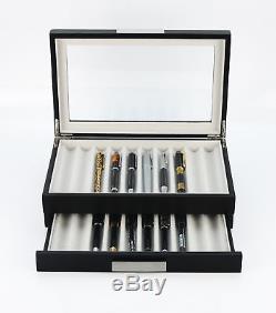 20 Pen Black Ebony Wood Display Case Fountain Collector Storage Box Glass Top