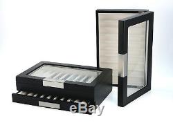 20 Pen Black Ebony Wood Display Case Fountain Collector Storage Box Glass Top