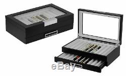 20 Pen Black Ebony Wood Display Case Fountain Storage Box Black Handle Glass Top