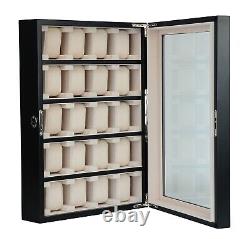 20 Piece Black Ebony Wood Watch Display Wall Hanging Case and Storage Organizer