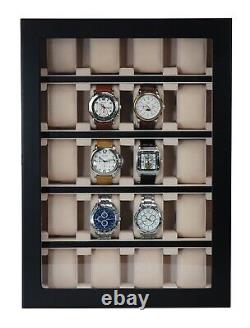 20 Piece Black Ebony Wood Watch Display Wall Hanging Case and Storage Organizer