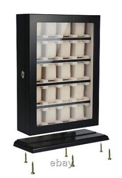 20 Piece Black Ebony Wood Watch Display Wall Hanging Case and Storage Organizer