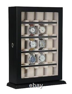 20 Piece Black Ebony Wood Watch Display Wall Hanging Case and Storage Organizer