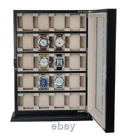 20 Piece Black Ebony Wood Watch Display Wall Hanging Case and Storage Organizer