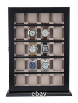 20 Piece Black Wood Watch Display Wall Hanging Case and Organizer Box