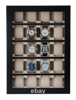 20 Piece Black Wood Watch Display Wall Hanging Case and Organizer Box