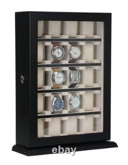 20 Piece Black Wood Watch Display Wall Hanging Case and Organizer Box